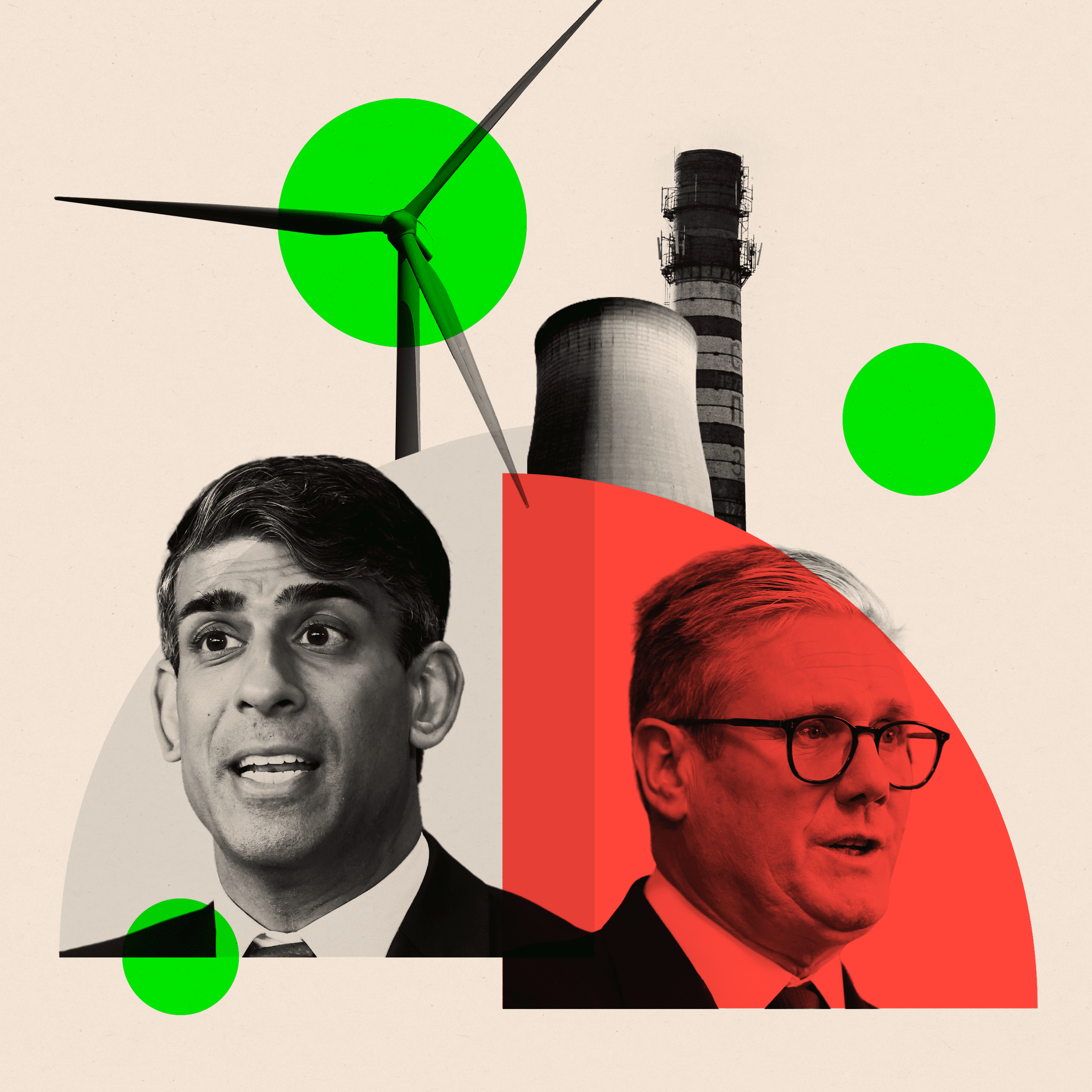 Montage showing Rishi Sunak and Sir Keir Starmer next to chimneys and a wind turbine