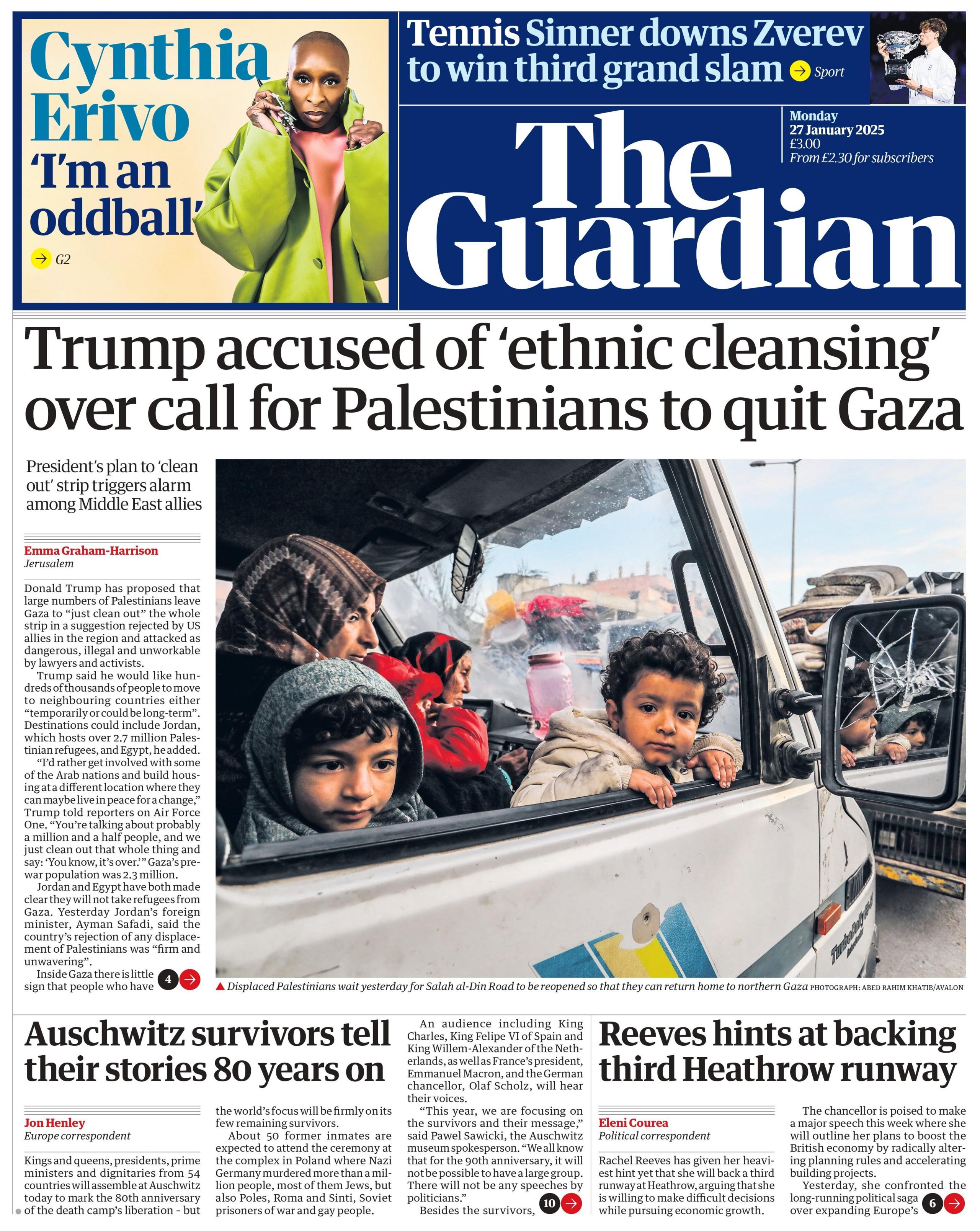 The Guardian: Trump accused of 'ethnic cleansing' over call for Palestinians to quit Gaza.