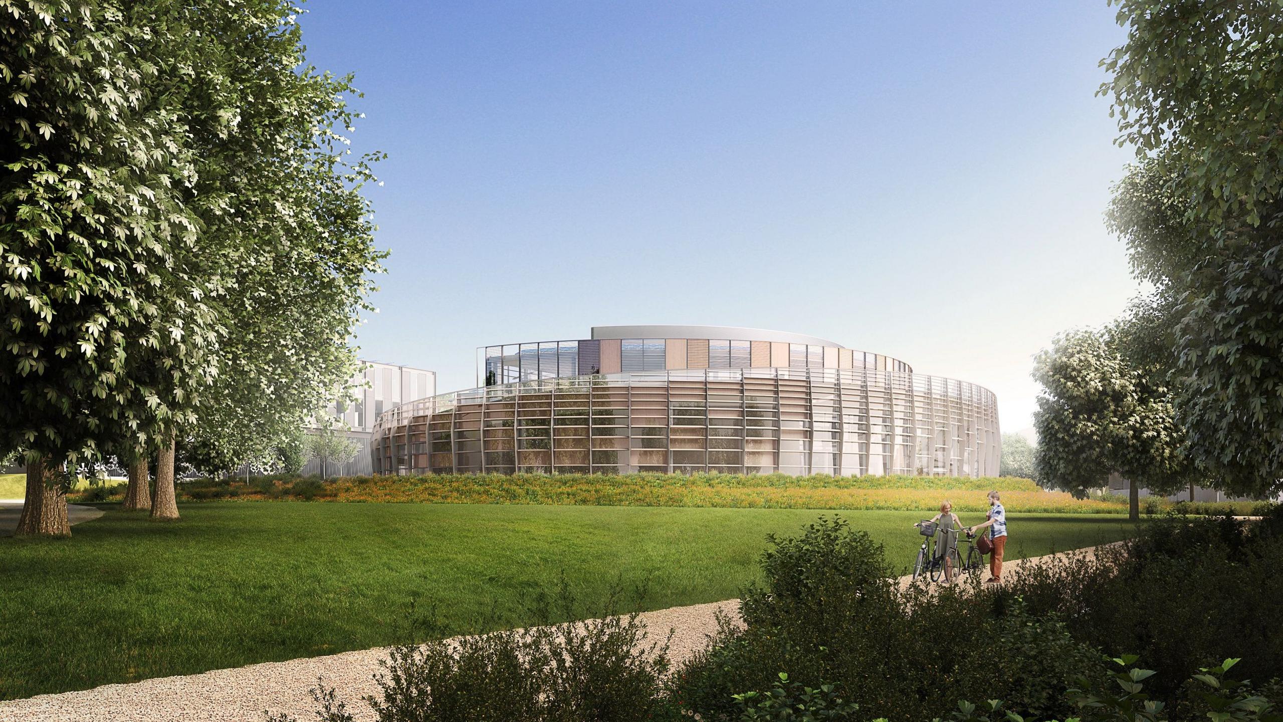 An artistic impression of what one of the buildings at Marlow Film Studio could look like, a reflective building surrounded by trees, greenery and a cycle path