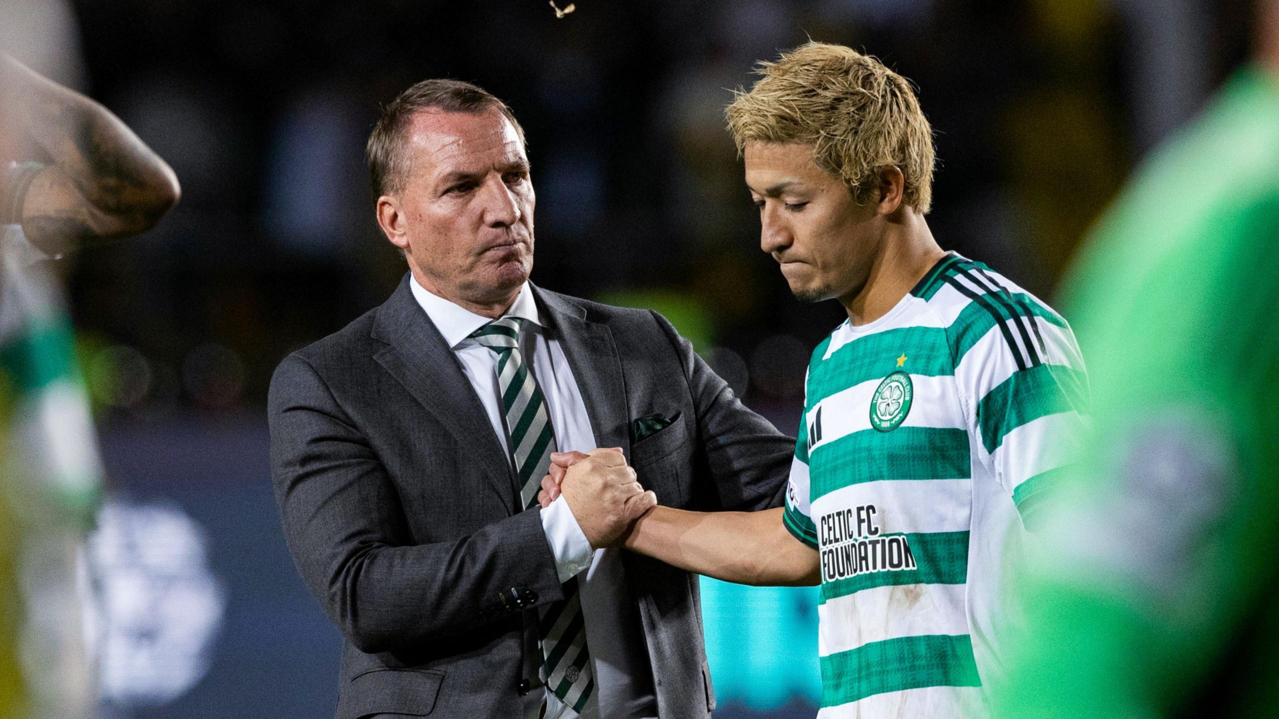 Brendan Rodgers shakes hands with Daizen Maeda