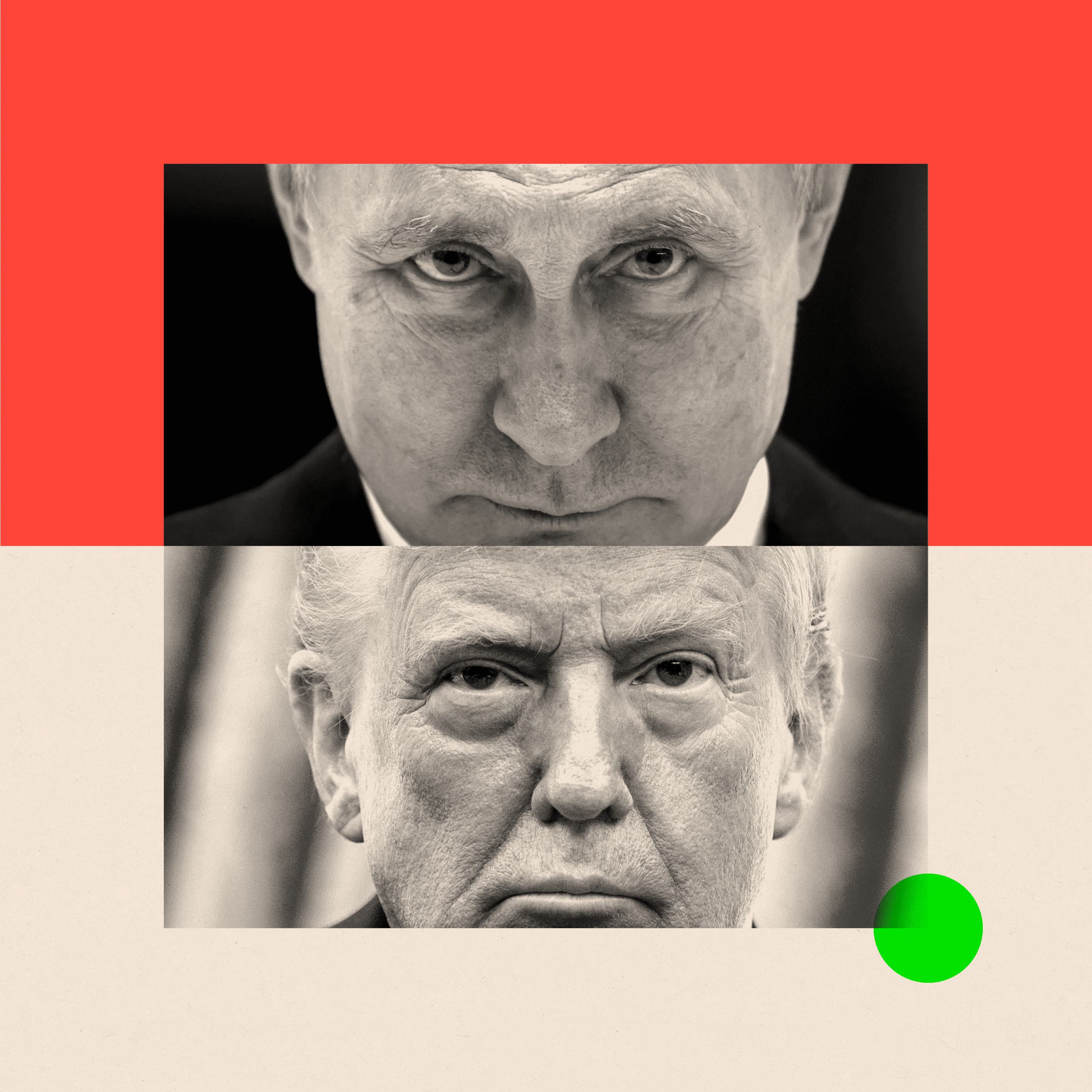 Two treated images of close up shots of Vladimir Putin and Donald Trump