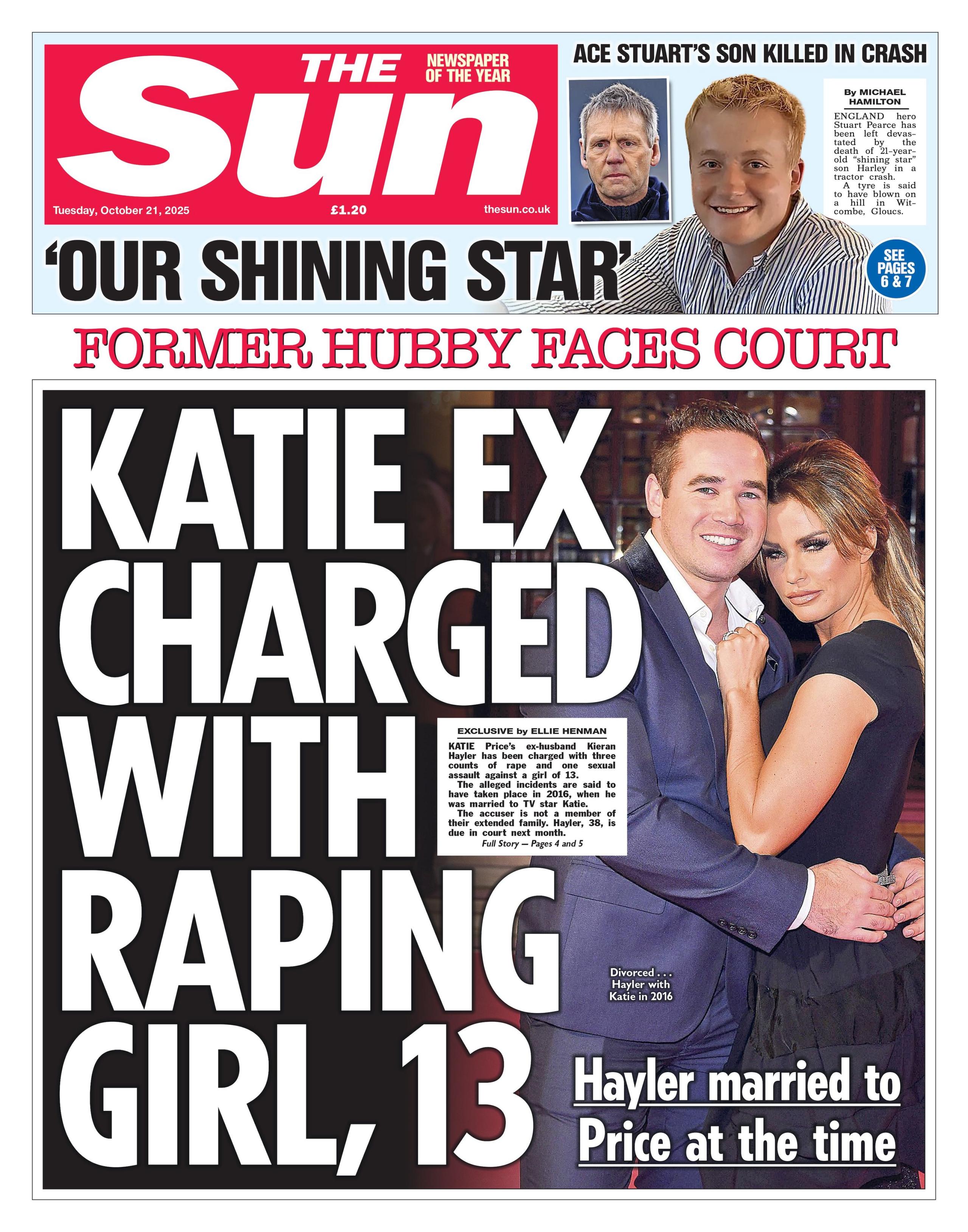 "Katie ex charged with raping girl, 13" reads the headline on the front page of The Sun.