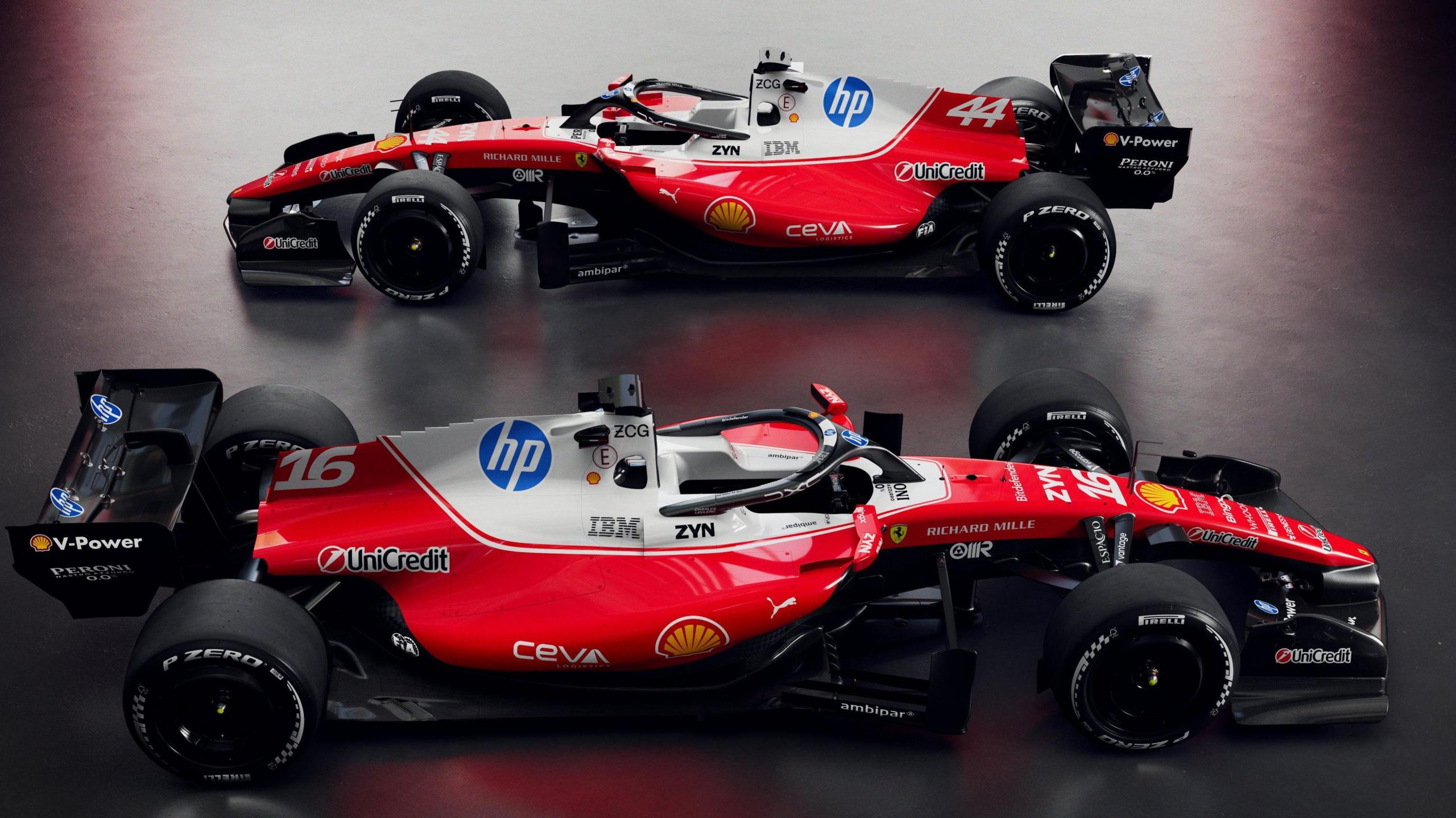 A graphic image of two Ferrari 2026 F1 cars, with both facing in opposite directions