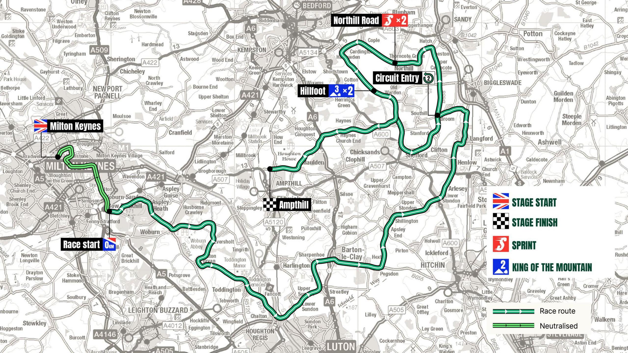 A map of Bedfordshire including Milton Keynes on the far left- shows the route of the tour in green with labels on Ampthill and Milton Keynes.