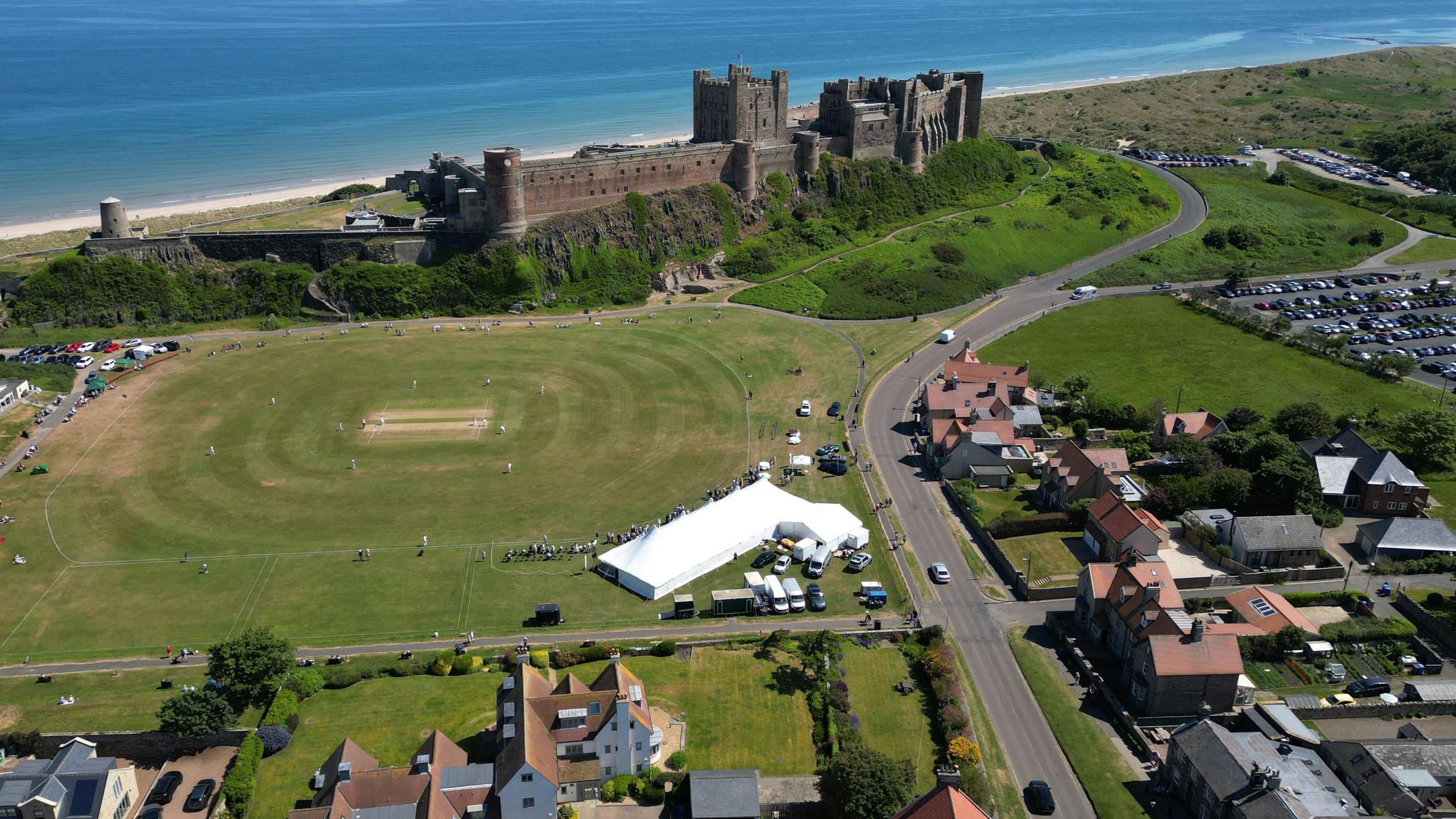 An aerial shot of Bamburgh 