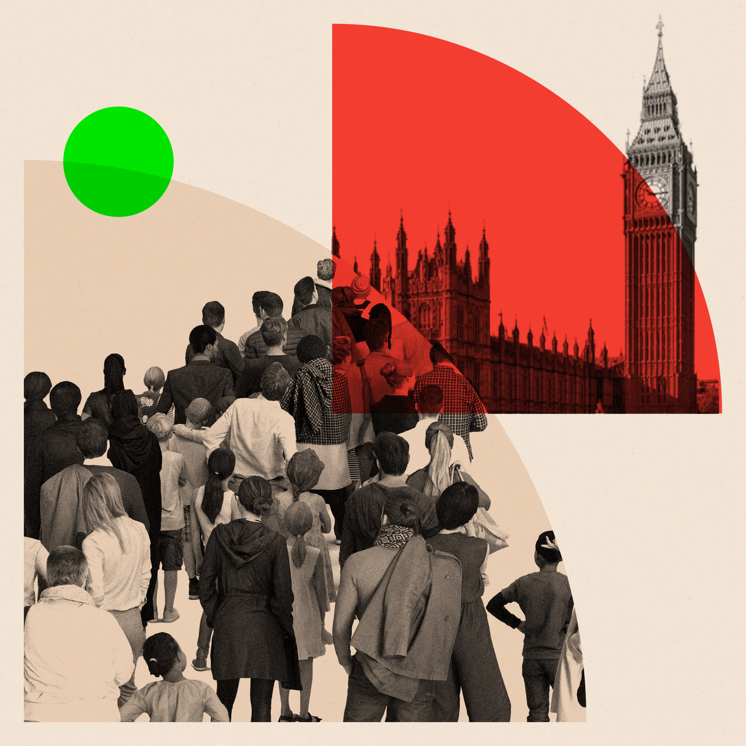 Montage image: Treated image showing Big Ben and queues of people