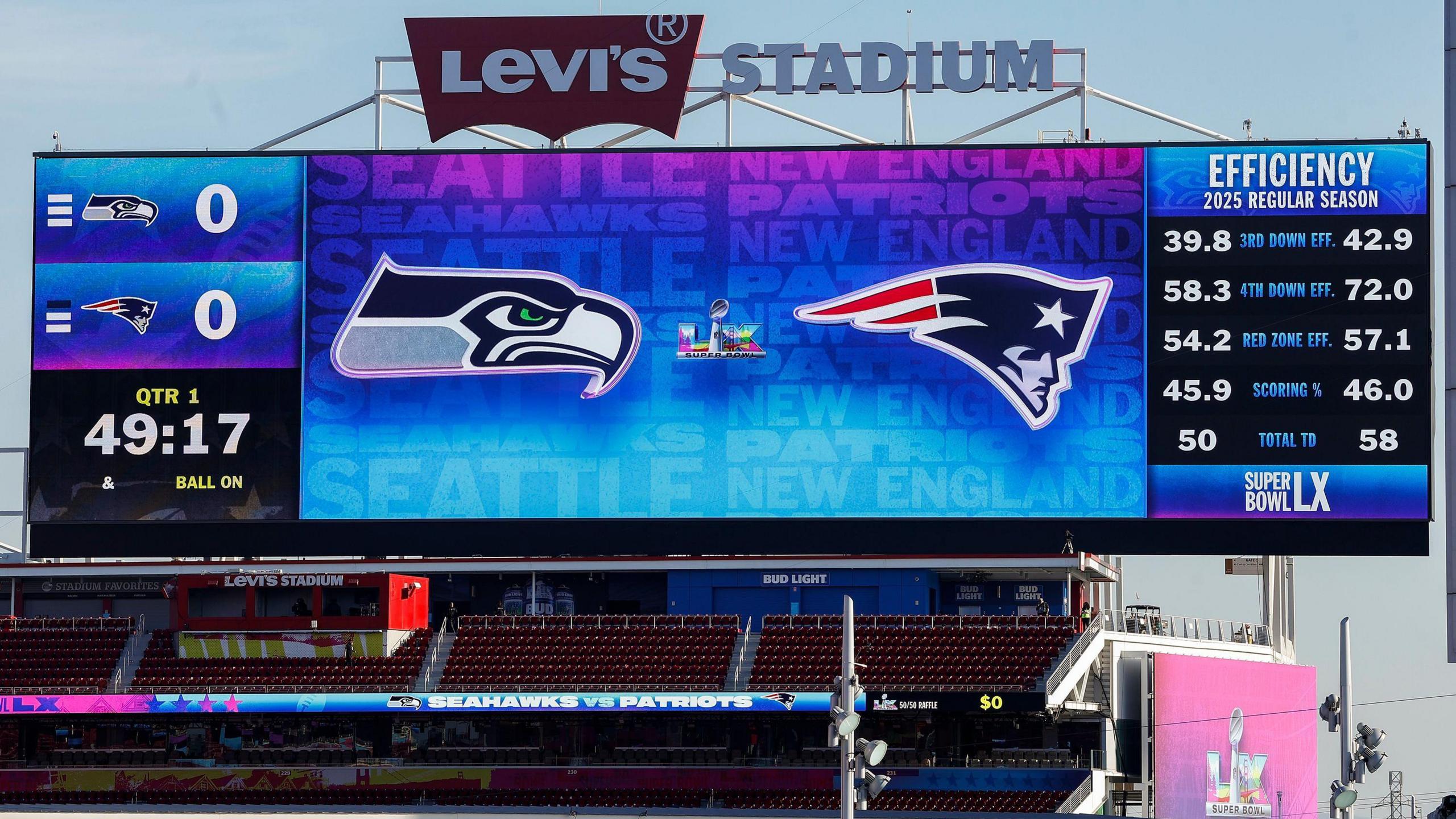 The logos of the New England Patriots and Seattle Seahawks can be seen on a screen at Levi's Stadium in Santa Clara, California.