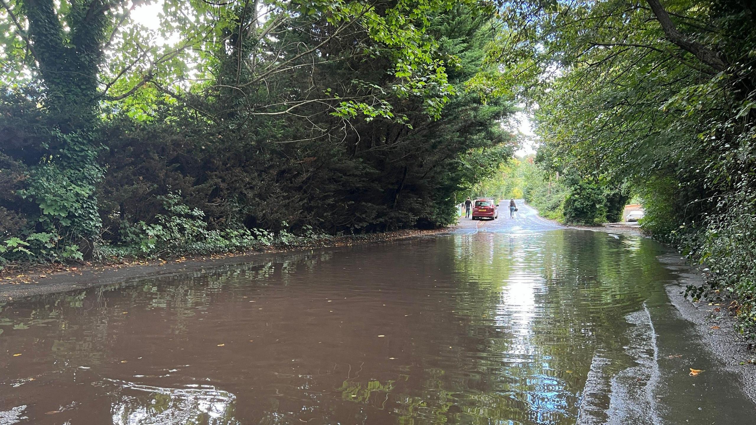 A completely flooded stretch of road, with trees lining each side and meeting over the top. A red car can be seen parked after the flood water.