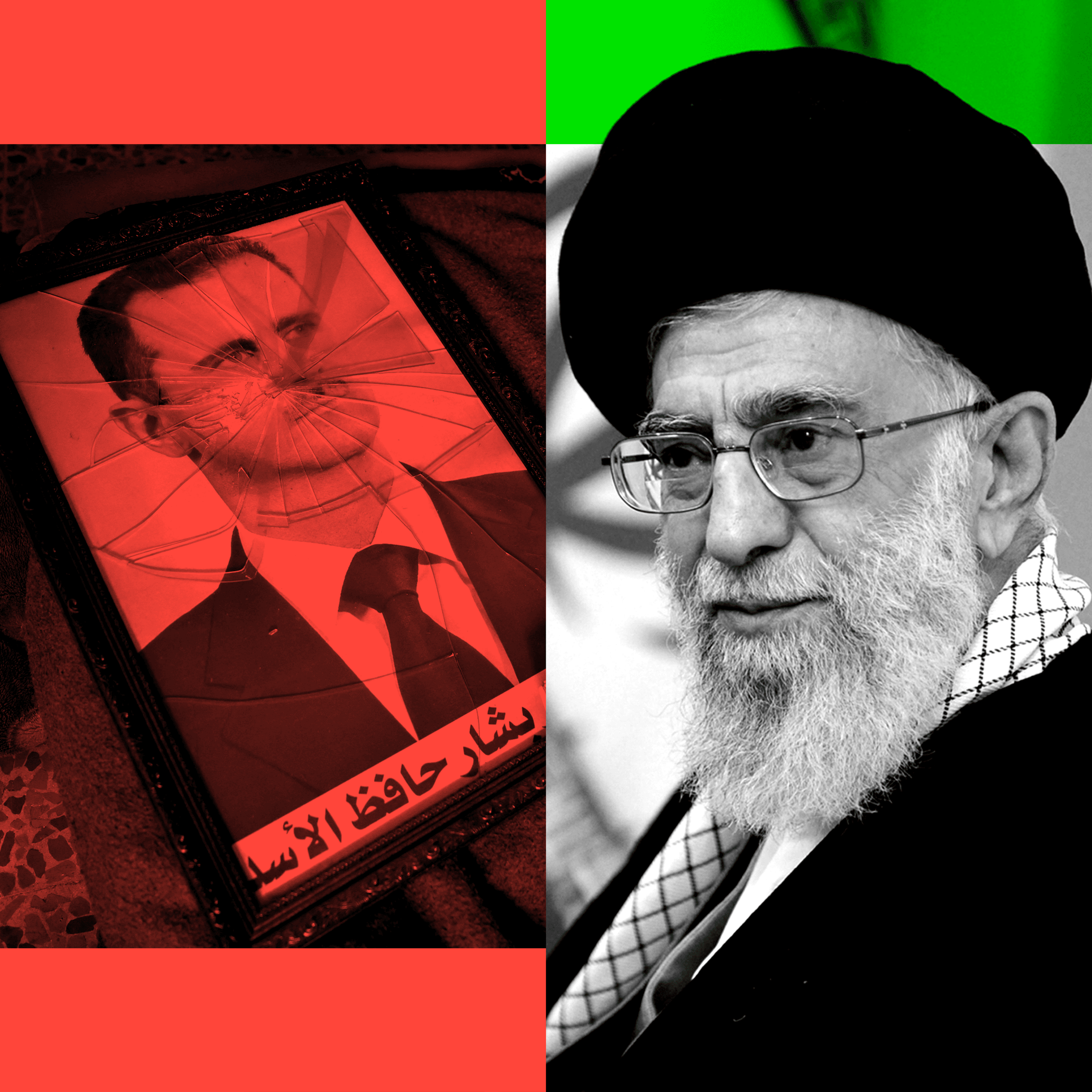 A treated image of a smashed framed photo of Bashar al-Assad on the left and a photo of Ali Khamenei on the right