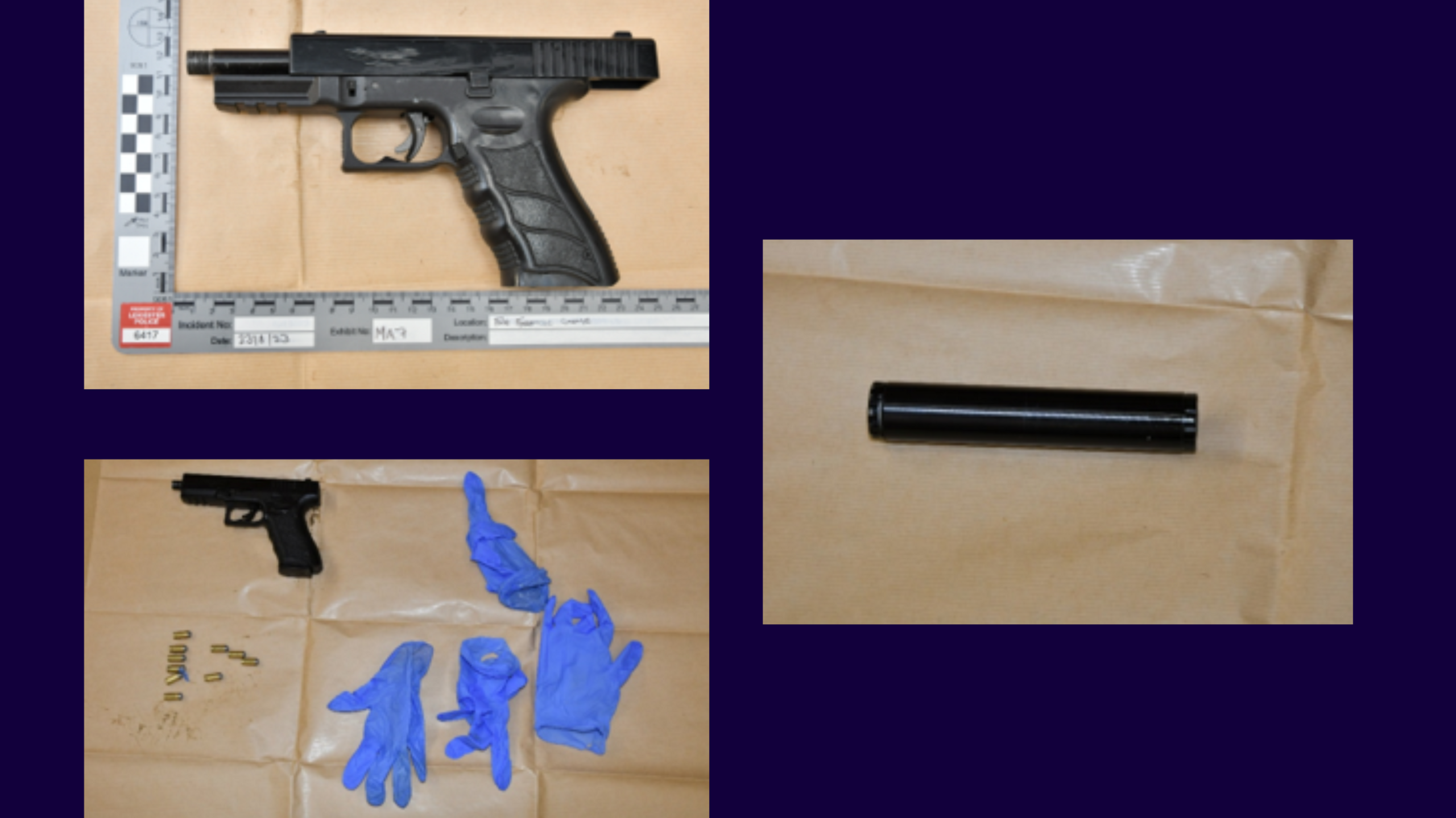 Three police images show a pistol, silencer, bullets and latex gloves