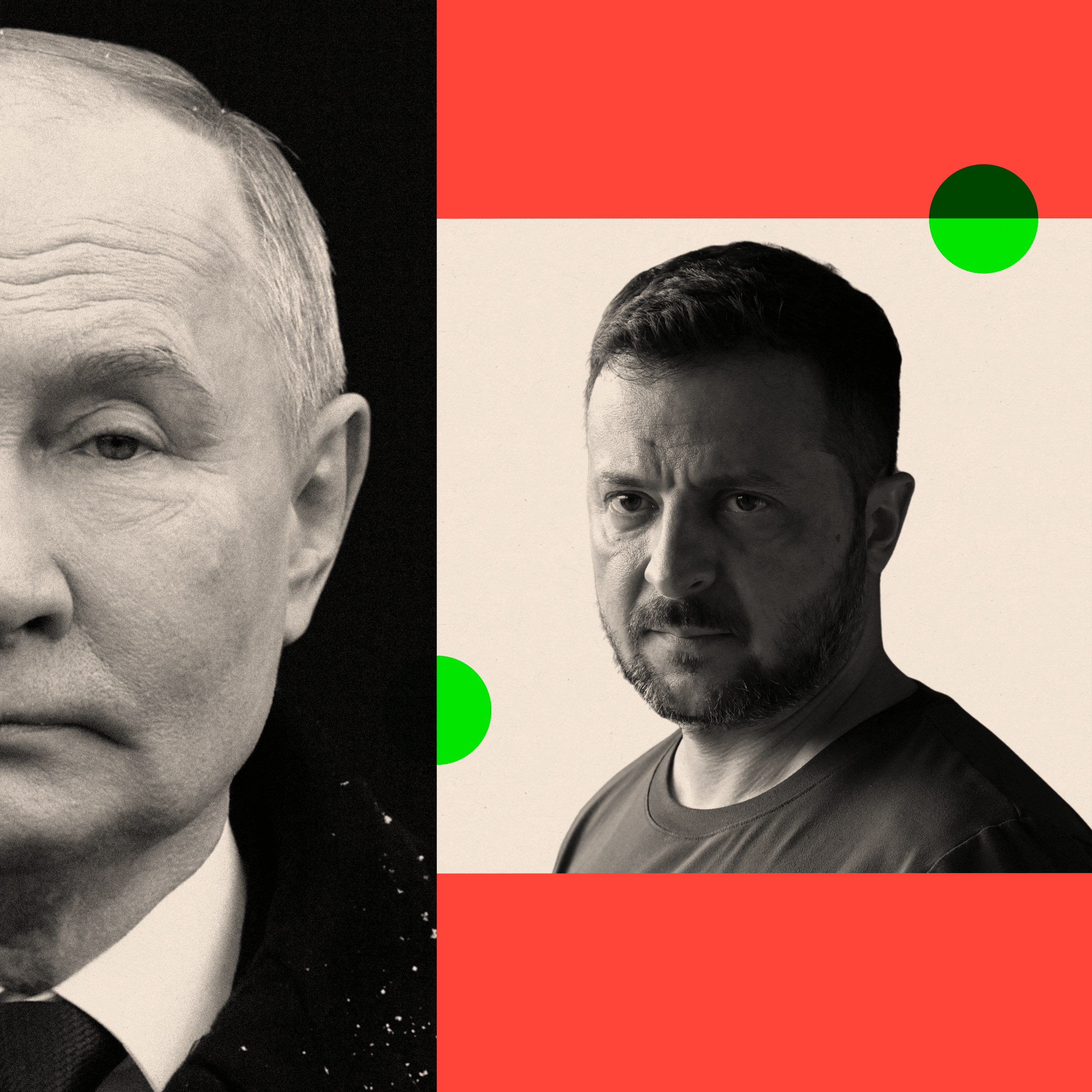 Treat images of Vladimir Putin on the left and Ukrainian President Volodymyr Zelenskyy on the right