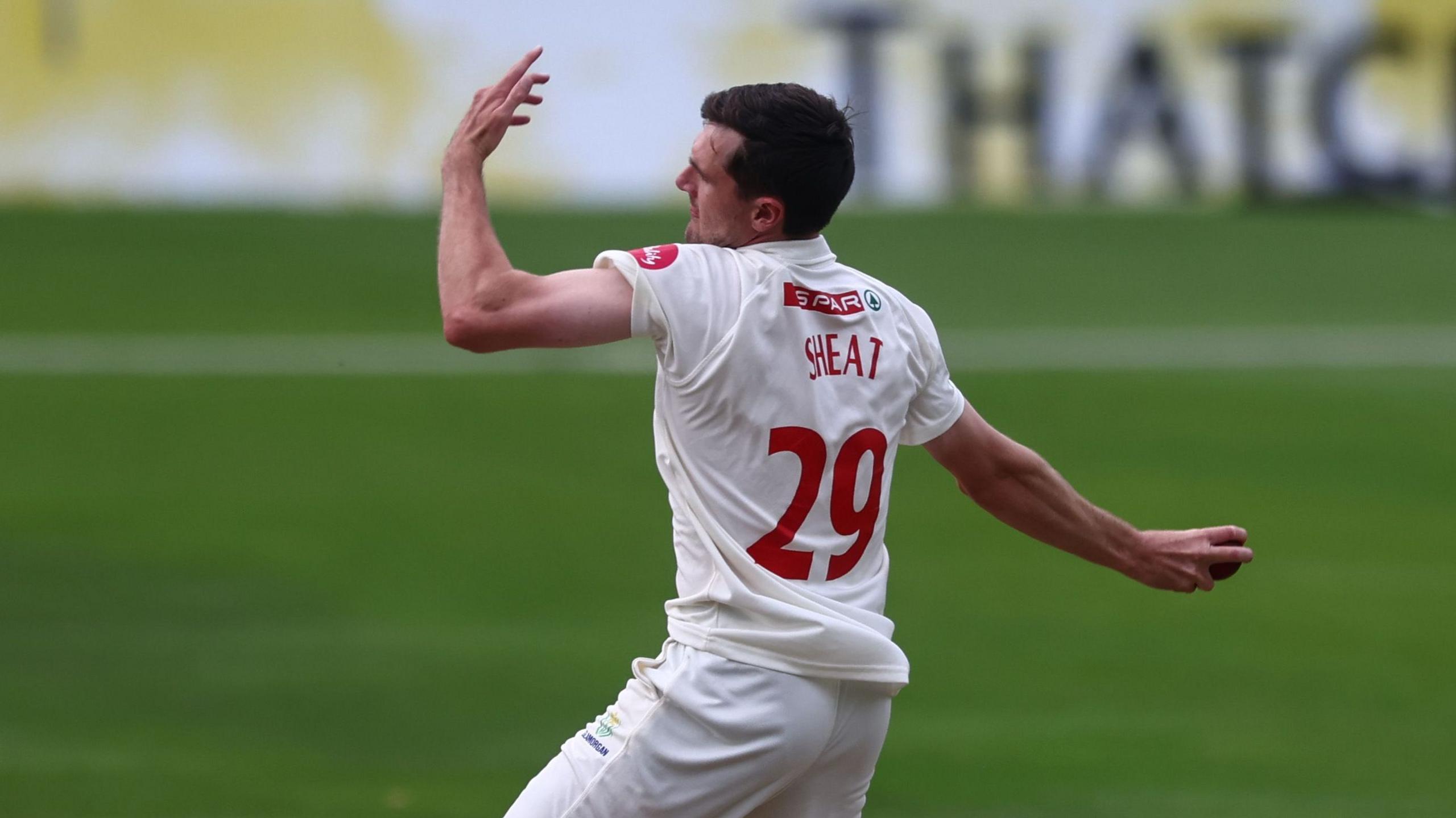 Fraser Sheat in his delivery stride against Leicestershire in 2024