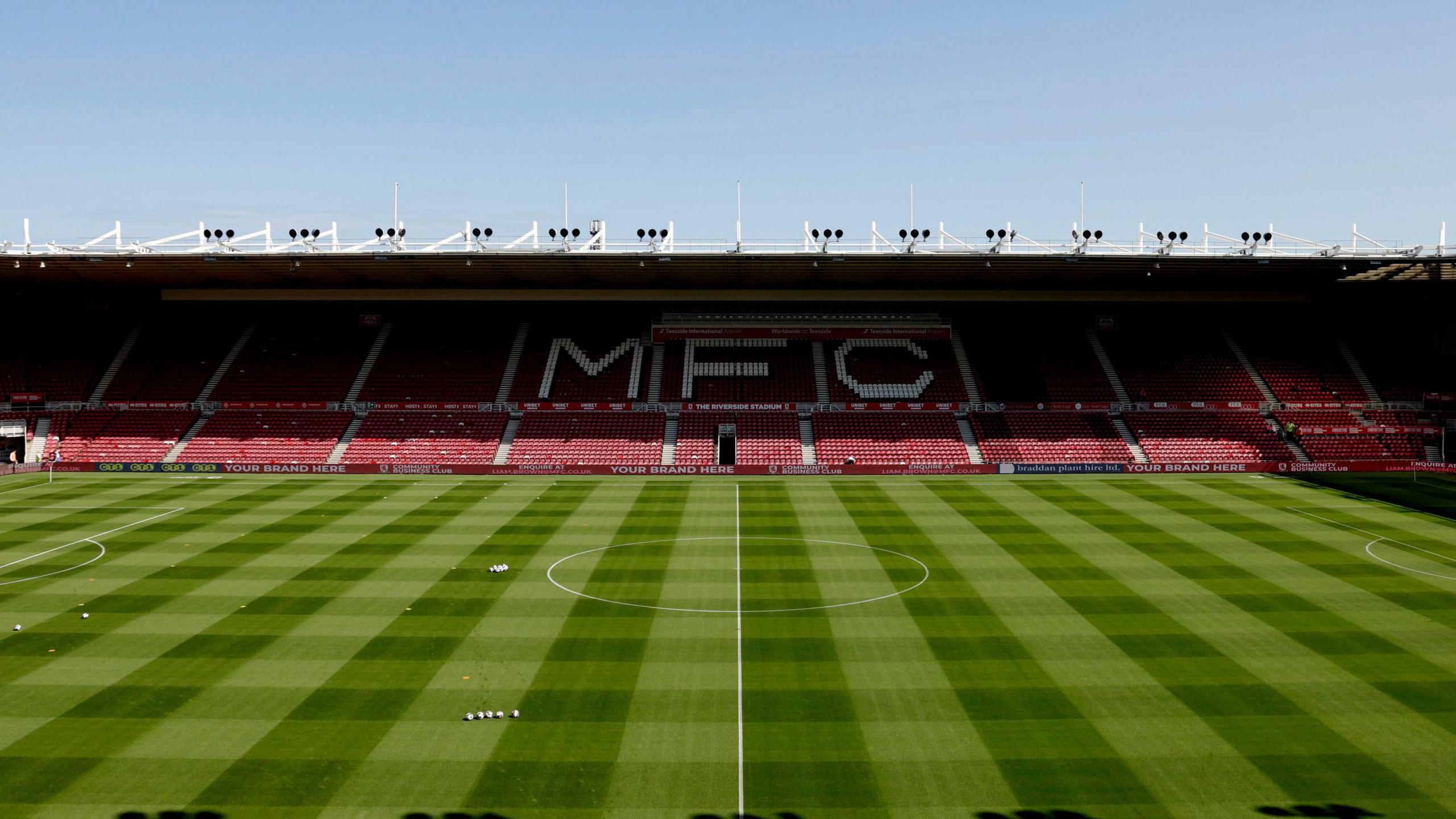 A general view of the interior of Middlesbrough's Riverside Stadium. The seats are red with a white design that reads: "MFC"