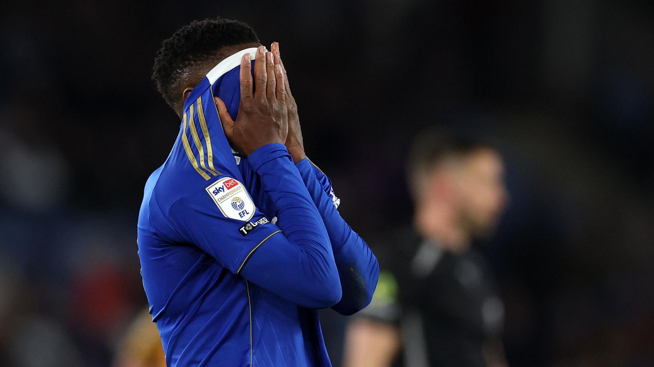 Patson Daka covers his face in despair as Leicester City are relegated to League One 
