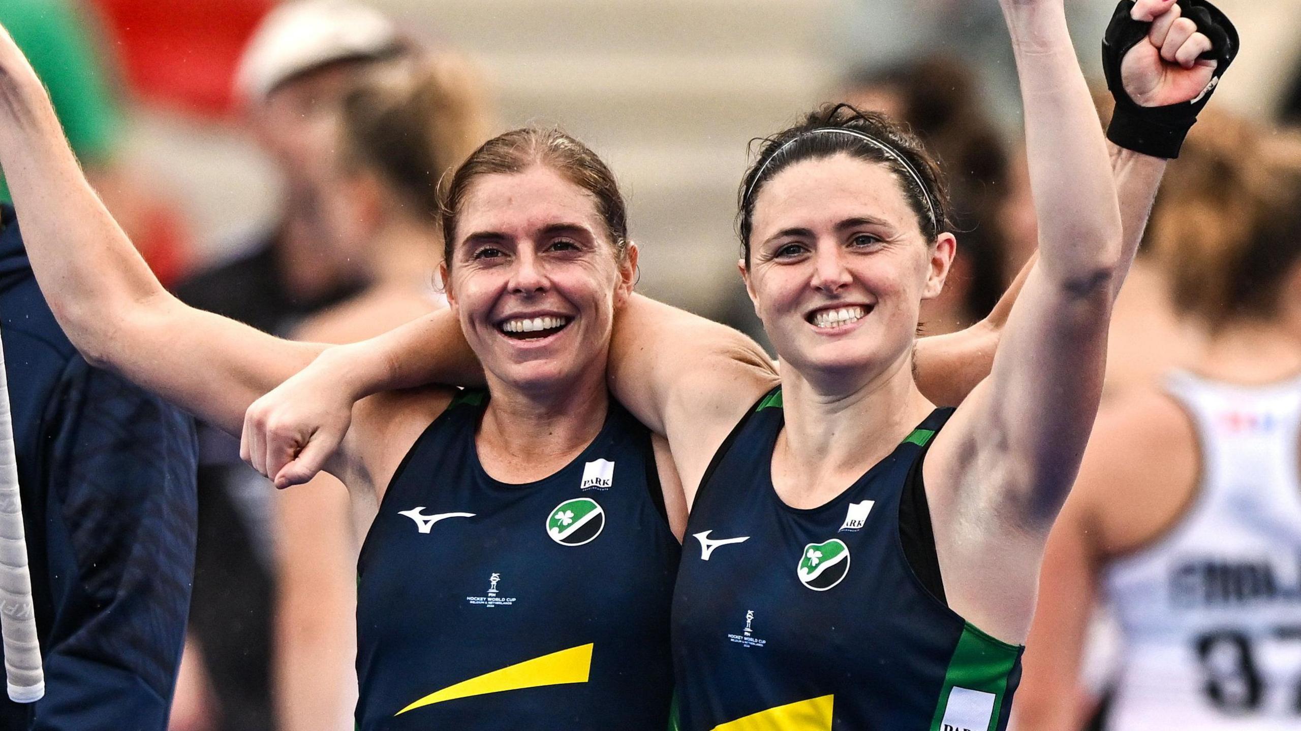 Katie Mullan and Roisin Upton celebrate Ireland's win over New Zealand