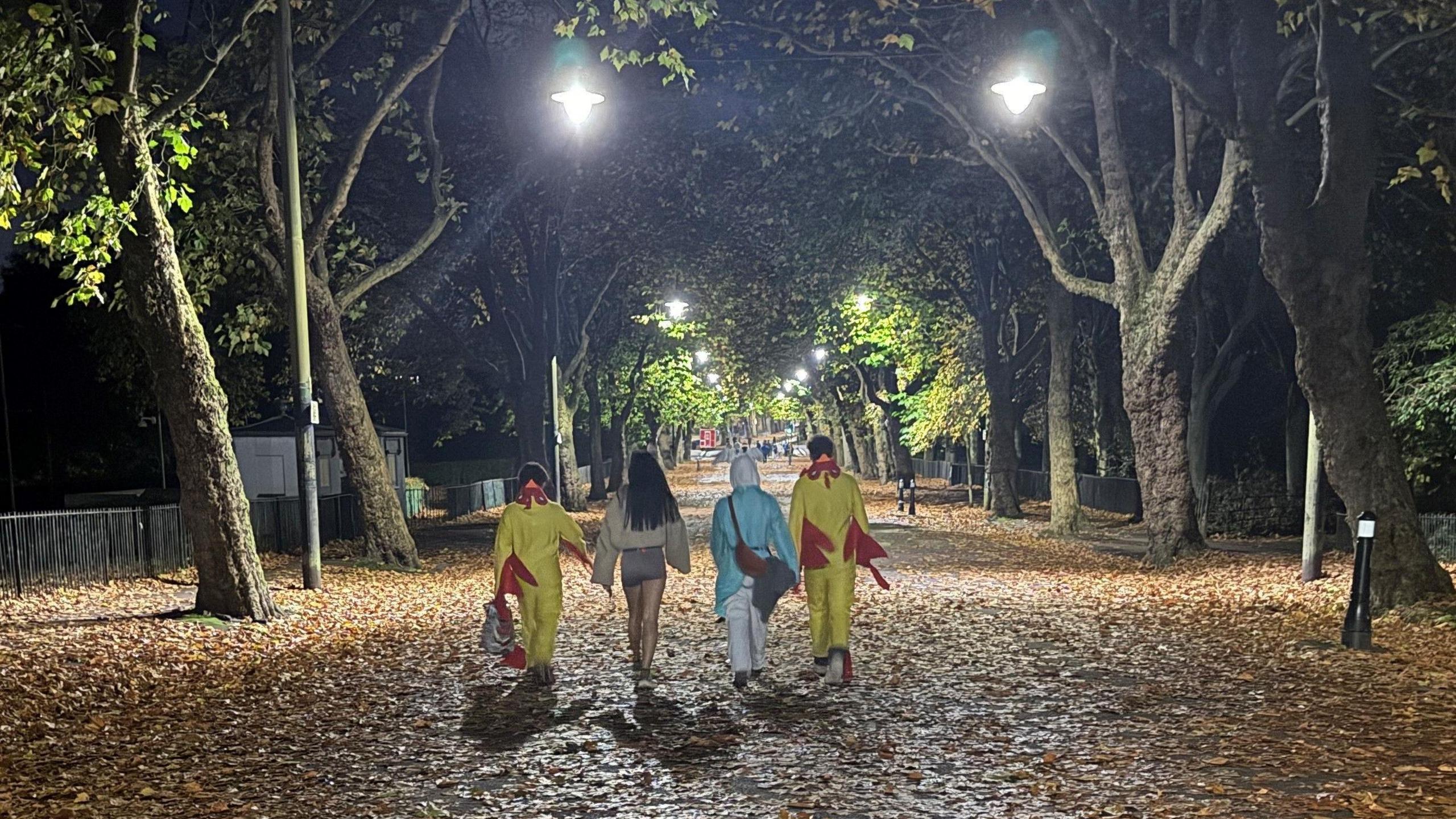 The path is covered in brown leaves. There are four women walking with their backs to the camera. The path is lined by trees and is illuminated by lamposts.