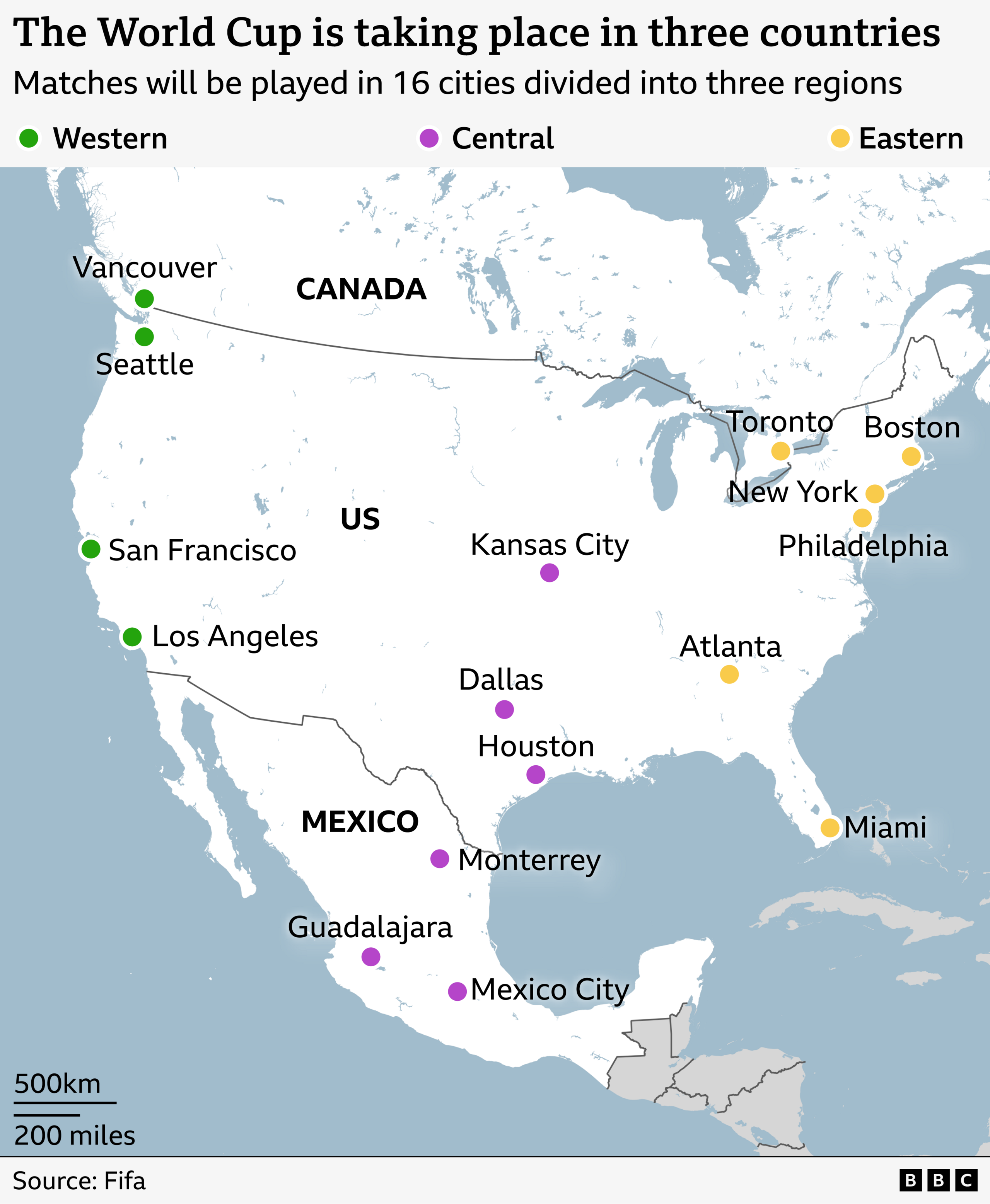 A map of the host cities for the 2026 World Cup