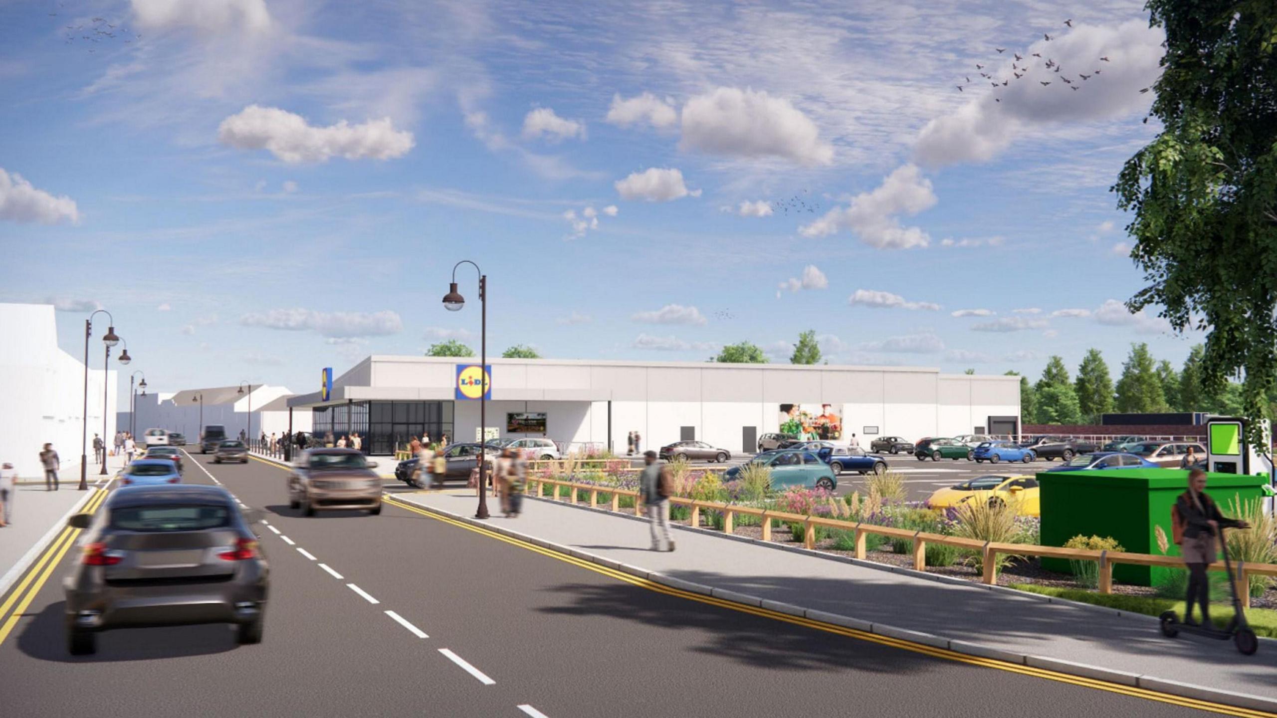 An artist's impression of the proposed new Lidl store in Bilston High Street, showing the Lidl store with a car park at the side of a road.