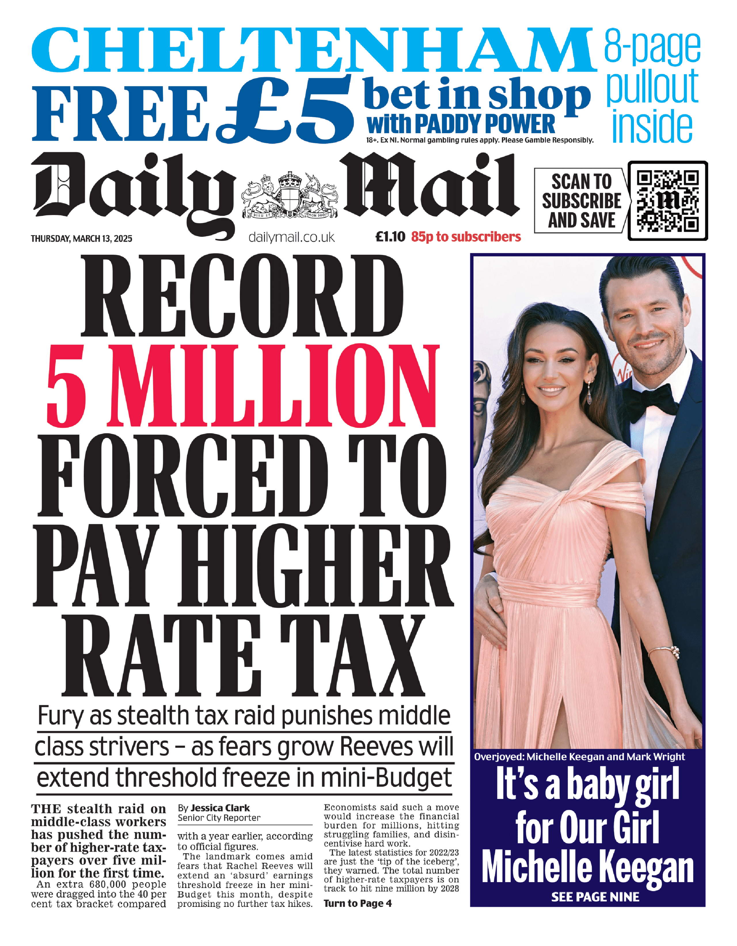 The headline on the front of the Mail reads: "Record five million forced to pay higher rate tax"