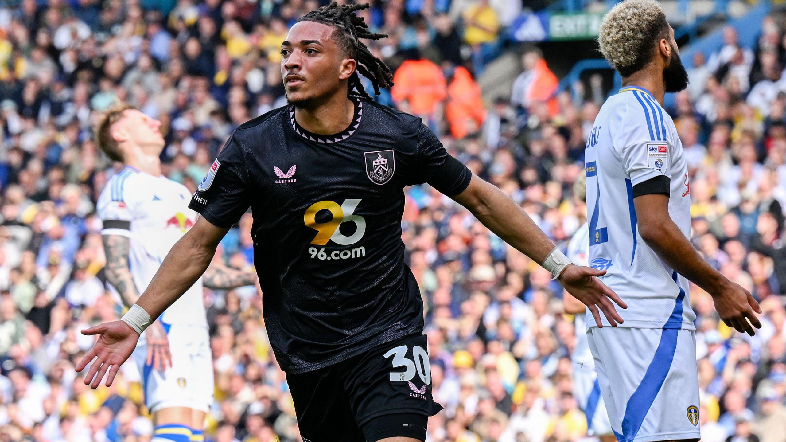 Luca Koleosho celebrates scoring for Burnley against Leeds at Elland Road in September 2024.