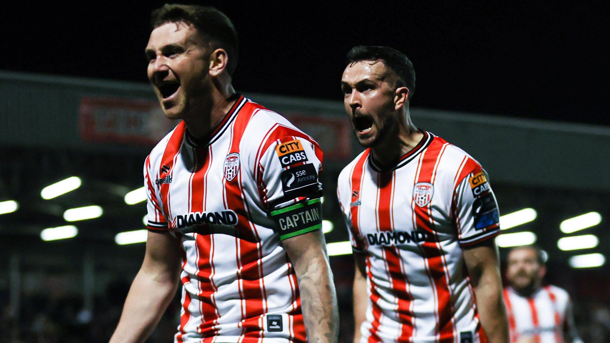 Patrick McEleney celebrates scoring a goal with Michael Duffy