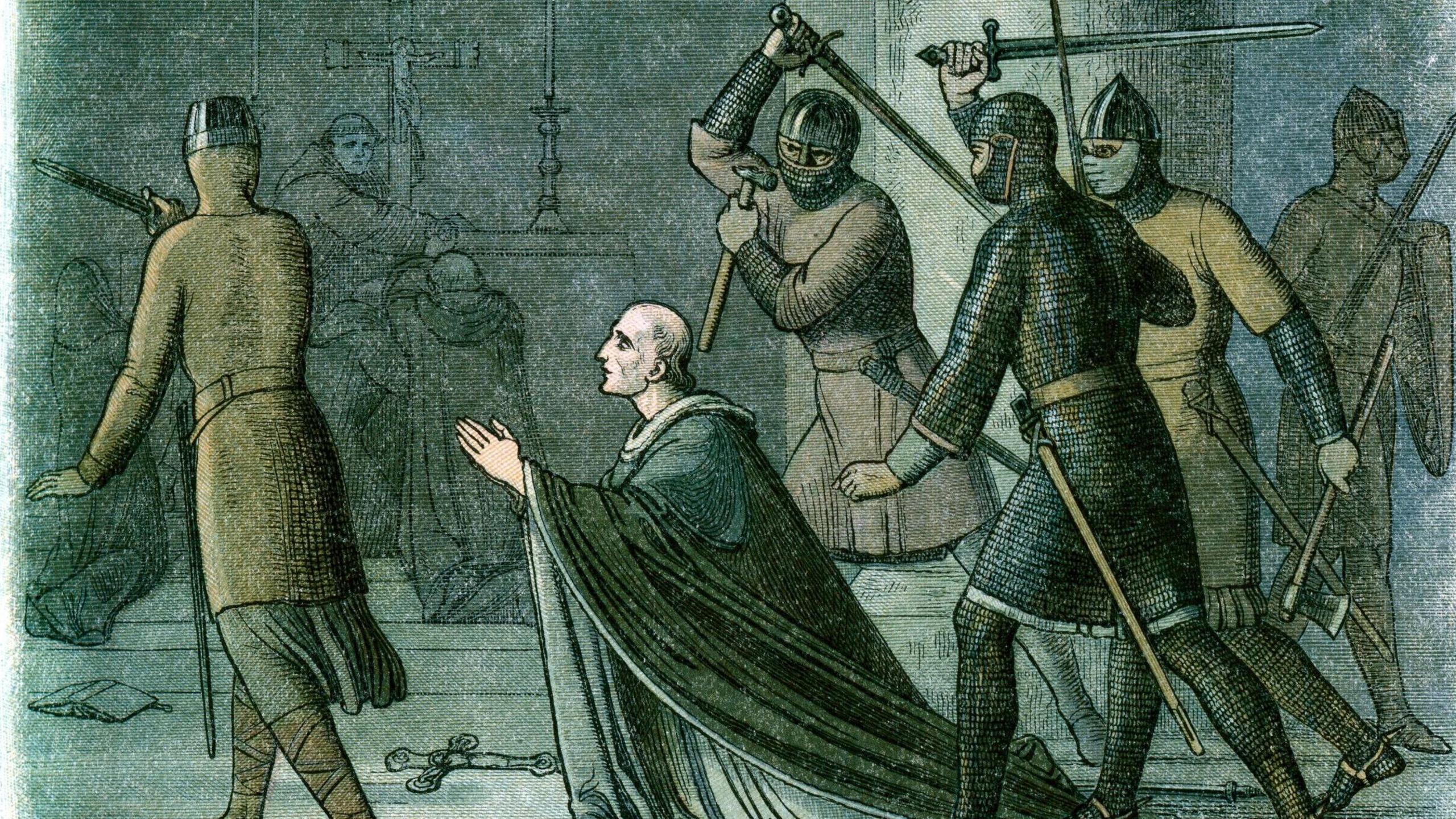 Vintage colour engraving from 1864 showing the murder of Thomas Becket. Four knights, Reginald FitzUrse, Hugh de Morville, William de Tracy, and Richard le Breton, surround the Archbishop of Canterbury, who is kneeling, on 29 December 1170. 