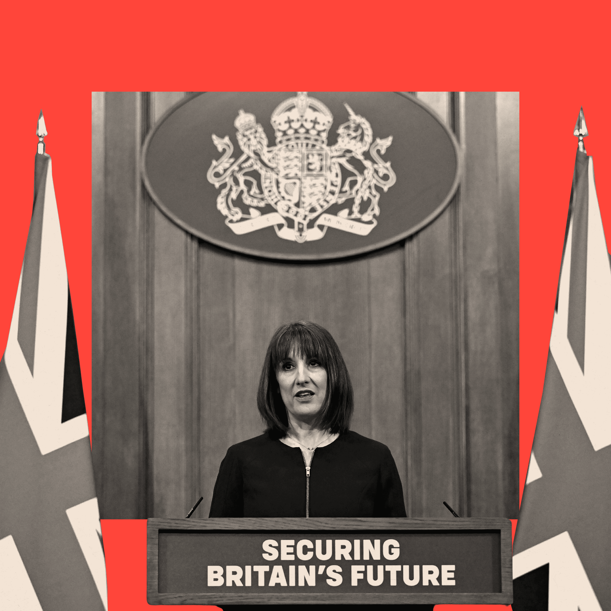 A treated image of Rachel Reeves standing on a podium that reads: "Securing Britain's Future"