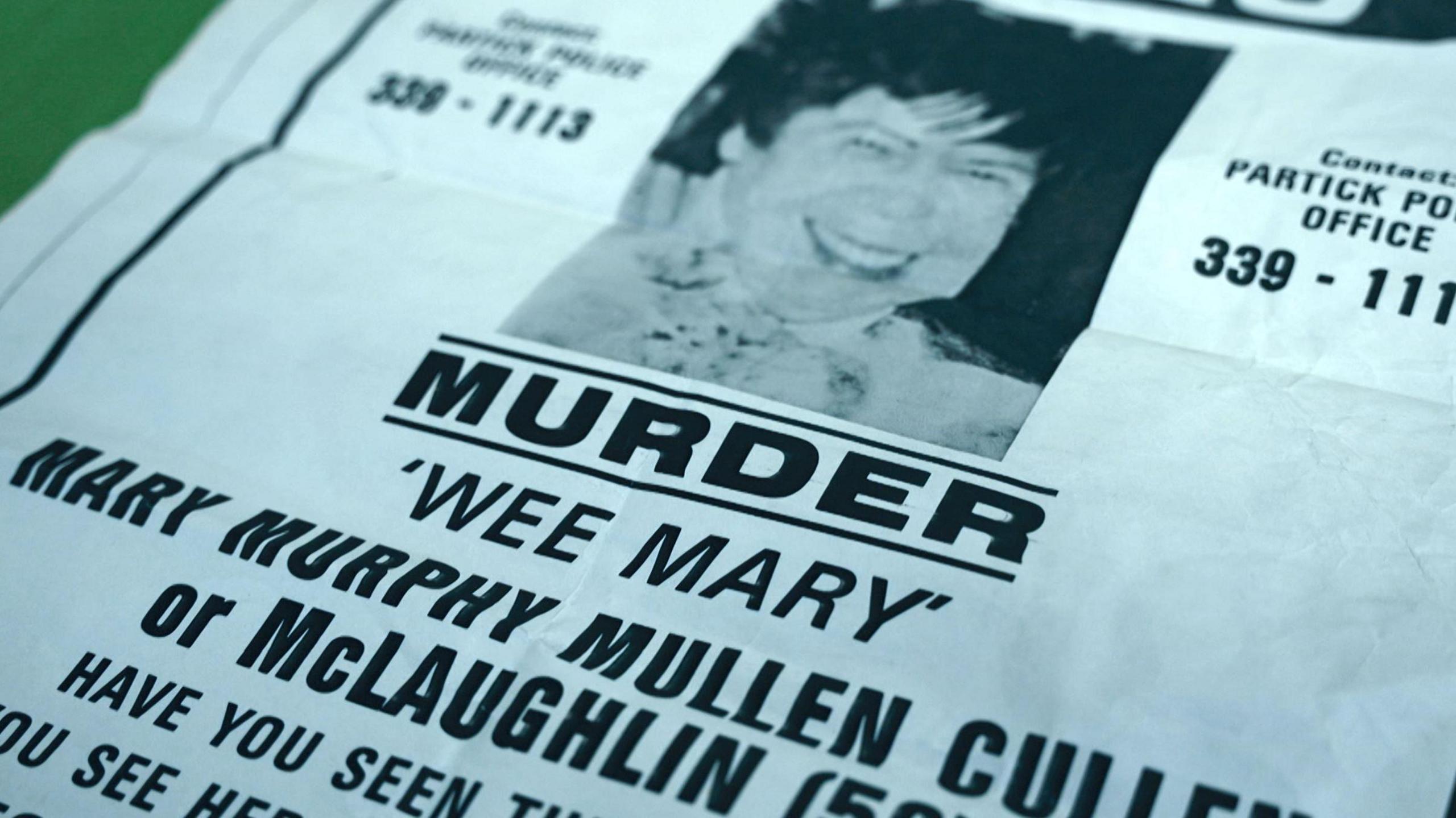 A black and white photo of a police poster from the 1980s with an image of Mary, and an appeal for information, along with a phone number to call.