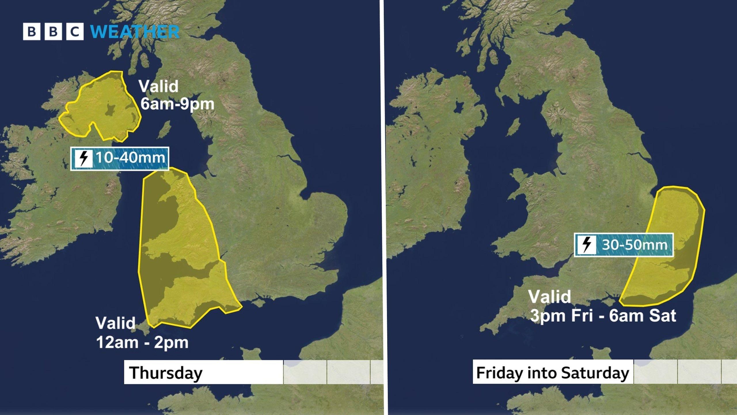 A map showing areas of the weather warnings