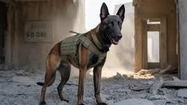 A Malinois dog, similar in appearance to a German Shepherd, is sniffing for explosives in a rubble-strewn building. It has a black head and ears, and a tan body. It is wearing a green bomb-protective jacket