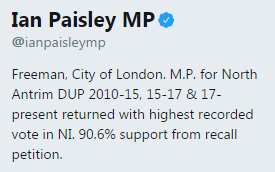 Ian Paisley's twitter biography