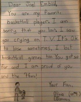 76er's fan Olivia's note to Joel Embiid