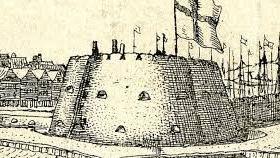An artists' impression of what the South Blockhouse once looked like - a large, round fort with a St George's Cross flag flying from the top of the structure. 