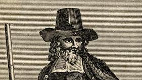 An illustrated print of Mathew Hopkins. He is wearing a hat and a cloak.
