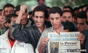 Tunisians celebrate deposition of Habin Bourguiba, November 1987