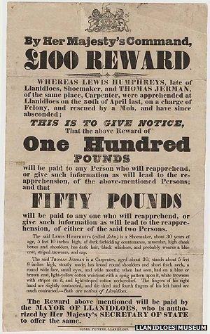 Reward notice for capture of Chartist rebels in Llanidloes