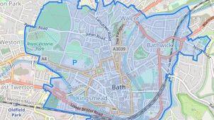 A map of Bath, with a blue outline marking the area encompassed by the clean air zone. 