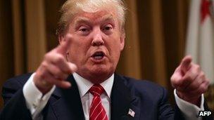 Donald Trump gestures while speaking in Beverly Hills, California - 11 July 2015