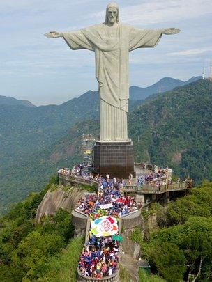 Players in the Street Child World Cup at the Christ the Redeemer statue