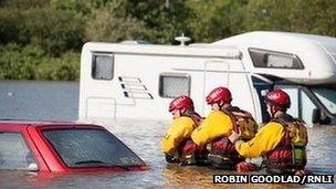 RNLI flood rescue team conducting a search in Aberystwyth