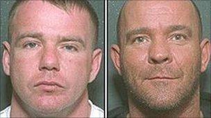 Grainy police mugshots of James McDonald and Raymond Anderson. McDonald, who is wearing a white t-shirt has short red hair and is staring at the camera with a blank expression. Anderson is balding with a shaved head and stubble. He is wearing a black top and is almost smirking in the image.