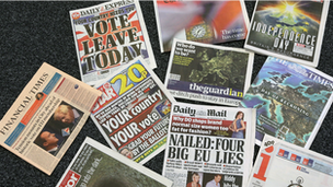 British newspaper front pages on 23 June 2016, the day Britain voted to leave the EU