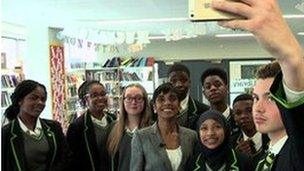 The pupils take a selfie with BBC reporter Reeta Chakrabarti