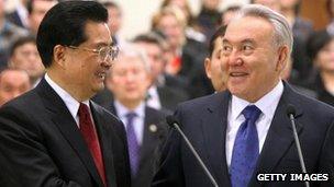 Chinese President Hu Jintao (L) and Kazakh President Nursultan Nazarbayev (R) at a pipeline opening ceremony in Astana in 2009