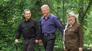 President Clinton, Prime Minister Barak and Palestinian leader Yasser Arafat at Camp David