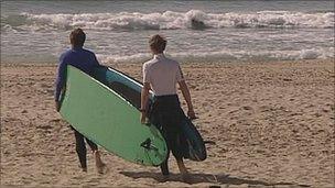 Surfers on Boscombe Beach