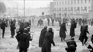 Police battle with rioters in the Bogside area of Londonderry in August 1969