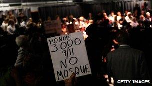 Protest sign at 9/11 mosque public hearing