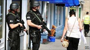 Police officers in Rothbury, Northumberland during the hunt for Raoul Moat