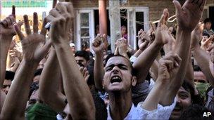 Kashmiri Muslims protest against Indian rule in Srinagar on 16 July 2010